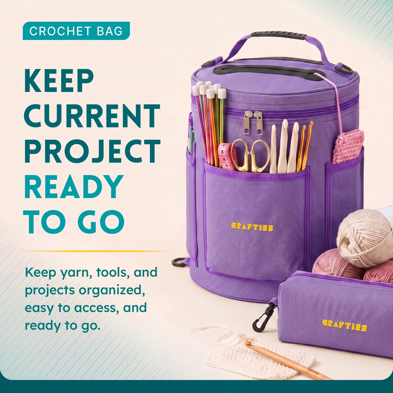 Purple Craftiss yarn project bag with yarn and tools
