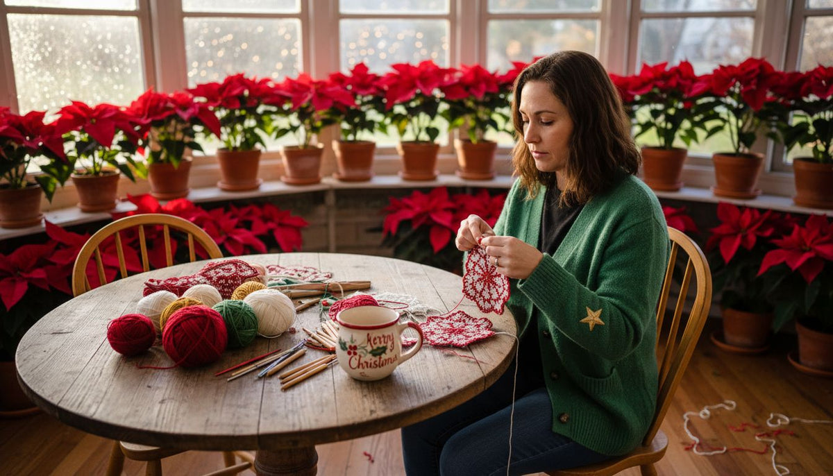 Woman crocheting holiday crafts at sunlit table