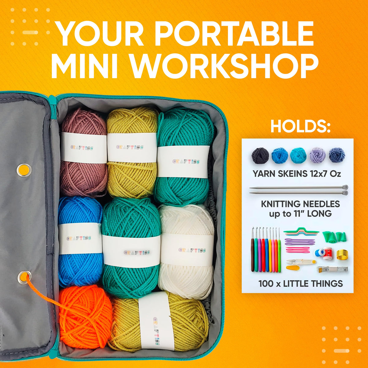 CRAFTISS Crochet Bag Yarn Storage - Christmas Gift - Durable Canvas Yarn Bag for Crochet Accessories - Organizer with Built-in Knitting Accessories Case - CRAFTISS