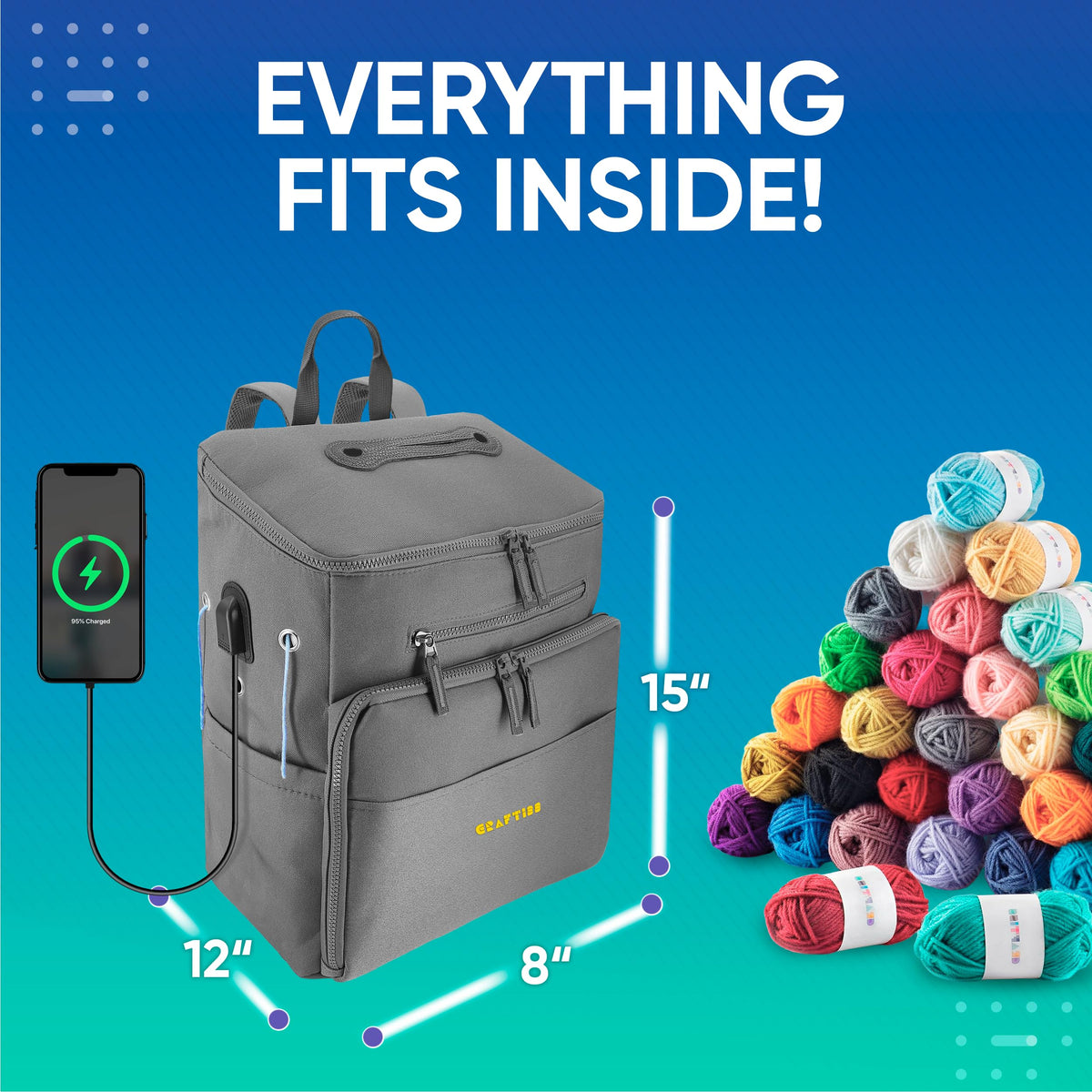 CRAFTISS Crochet Bag Yarn Storage - Christmas Gift - Durable Canvas Yarn Bag for Crochet Accessories – Backpack Organizer with Knitting Accessories Pockets and USB Cable - CRAFTISS