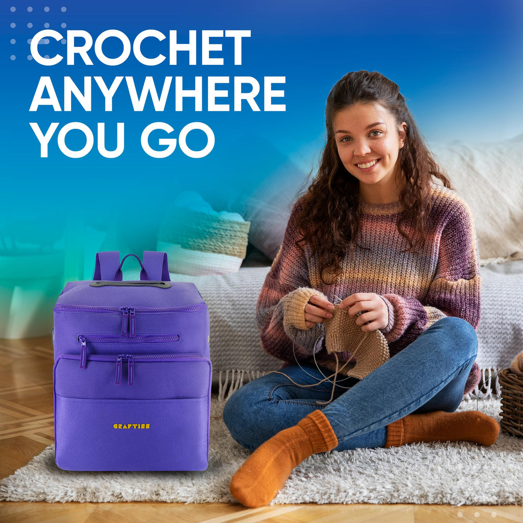 CRAFTISS Crochet Bag Yarn Storage - Christmas Gift - Durable Canvas Yarn Bag for Crochet Accessories – Backpack Organizer with Knitting Accessories Pockets and USB Cable - CRAFTISS