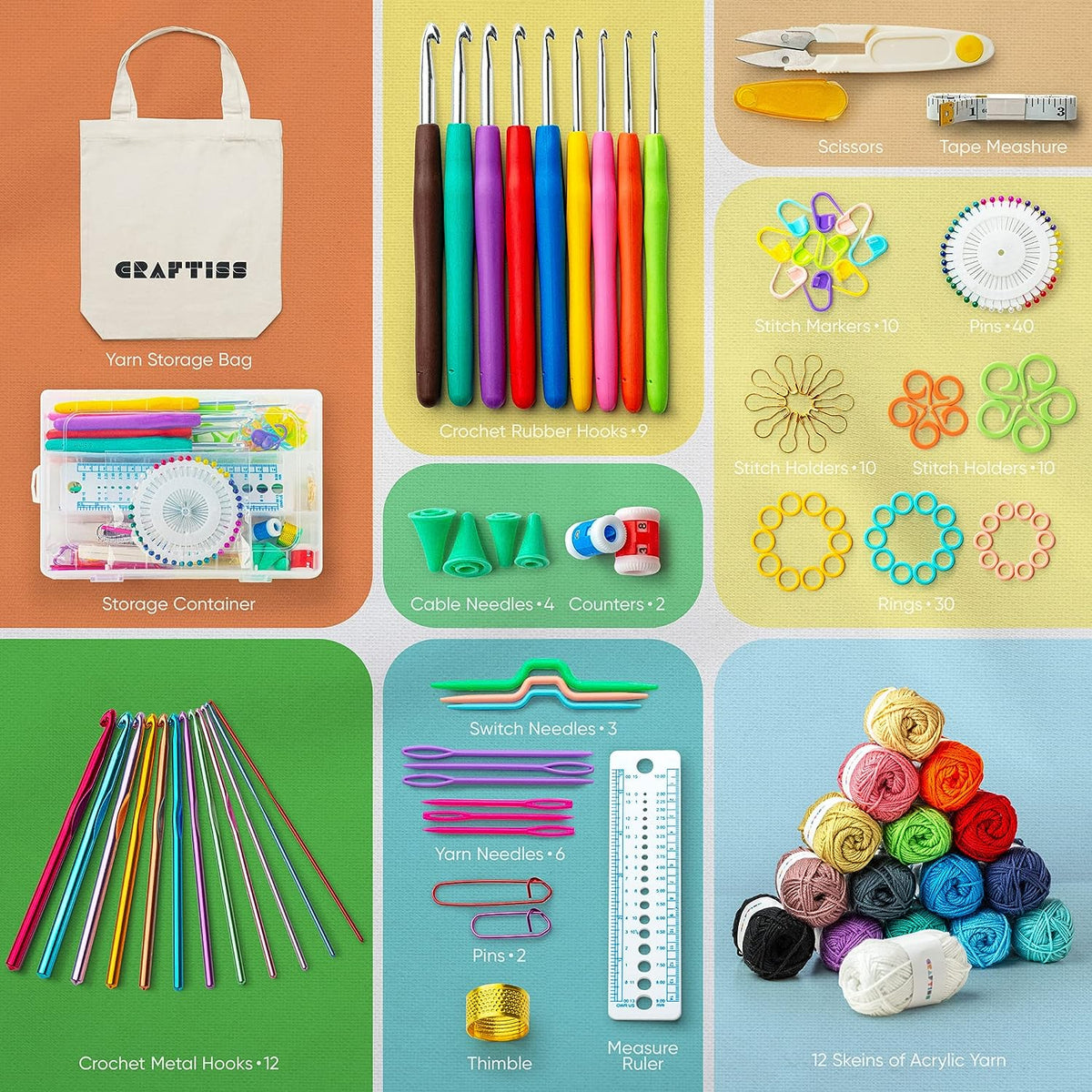 CRAFTISS Crochet Kit for Beginners, 158 Pieces with 16 Colors of Acrylic Yarn Skeins, 1300 Yards Total – Learn to Crochet All - in - One Starter Crochet Set for Adults Beginner - CRAFTISS