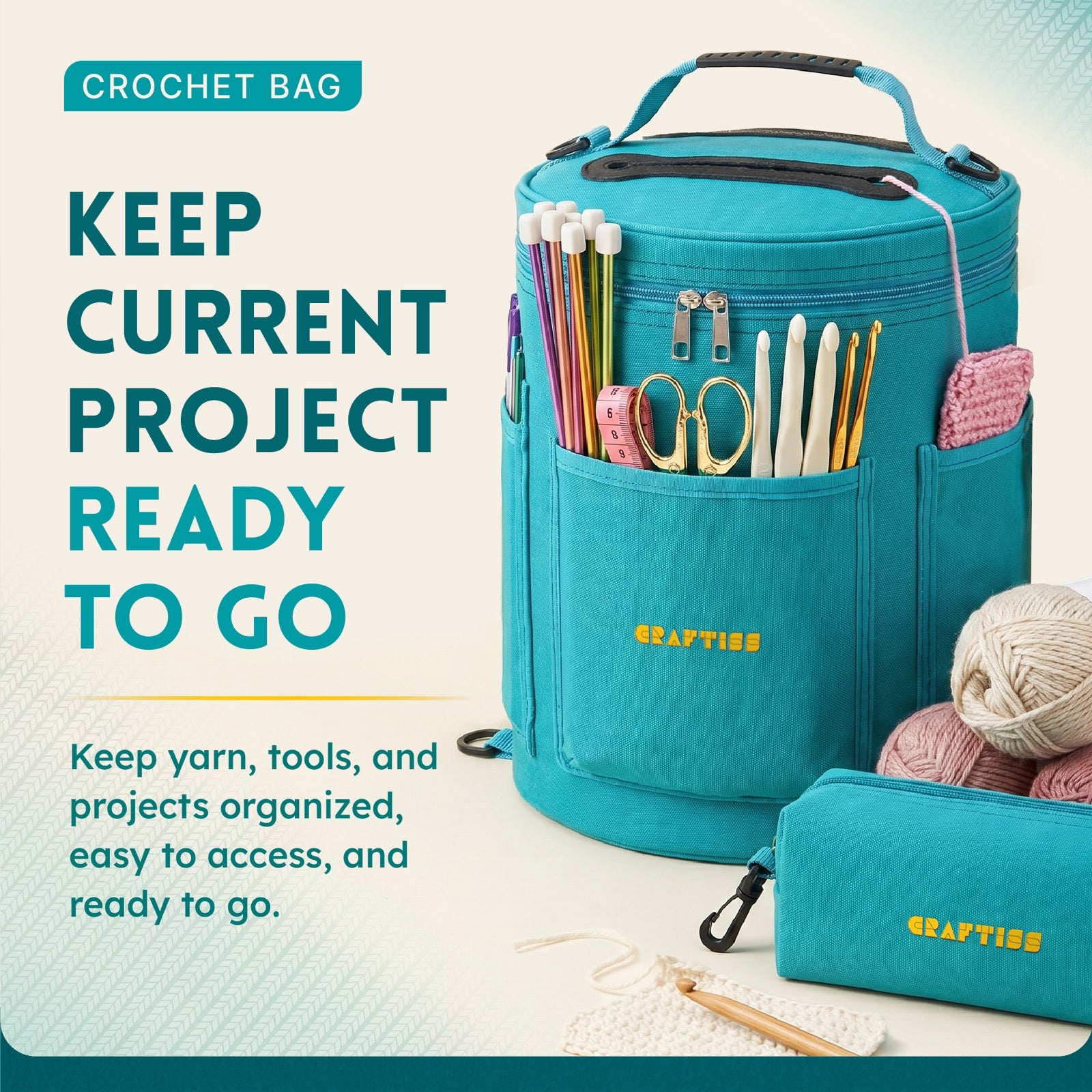 Turquoise Craftiss yarn project bag with yarn and tools